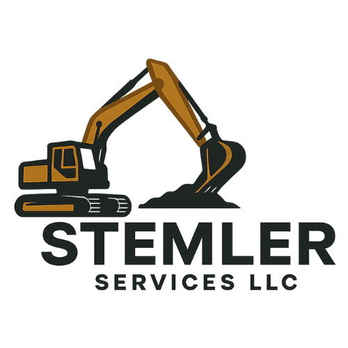 Yellow excavator digging with Stemler Services LLC logo